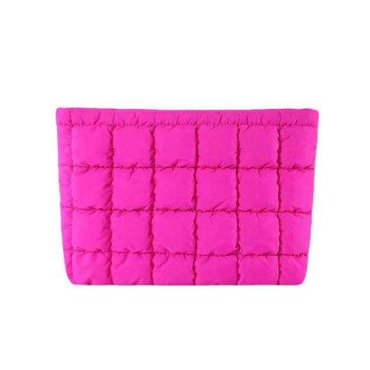CECKQUE Soft Checkered Quilted Puffy Makeup Bag for Women, Aesthetic Puffer Cosmetic Bag Pouch for Purse (Hot Pink)