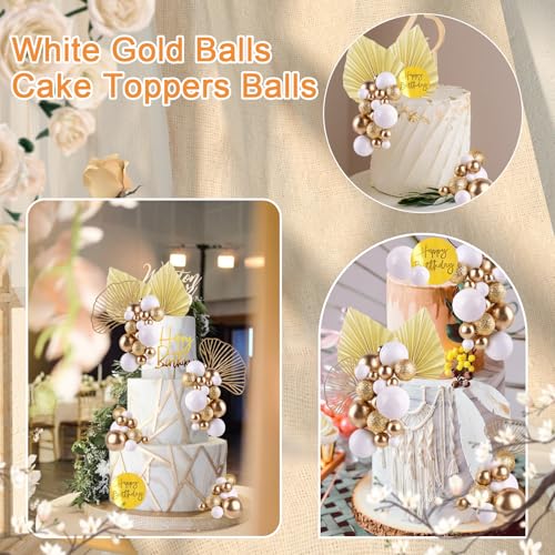 Elegant White Gold Balls Cake Toppers with Palm Leaves Set