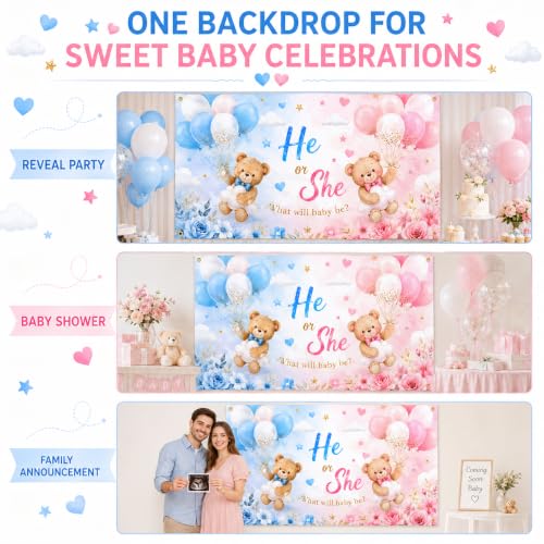 Gender Reveal Backdrop - Teddy Bear Banner, 72x43 in, Pink & Blue