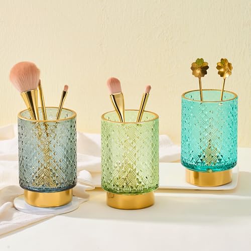 Dark Green Glass Makeup & Toothbrush Organizer with Gold Base - Multifunctional Pen Holder