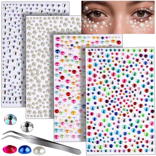 Teenitor Self-Adhesive Rhinestone Face Gems & Hair Pearls - 1300PCS