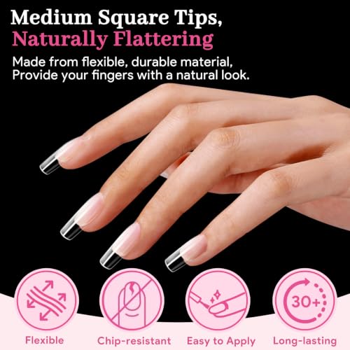 Medium Square Nail Tips - Clear Half Matte Finish, 240 Pcs