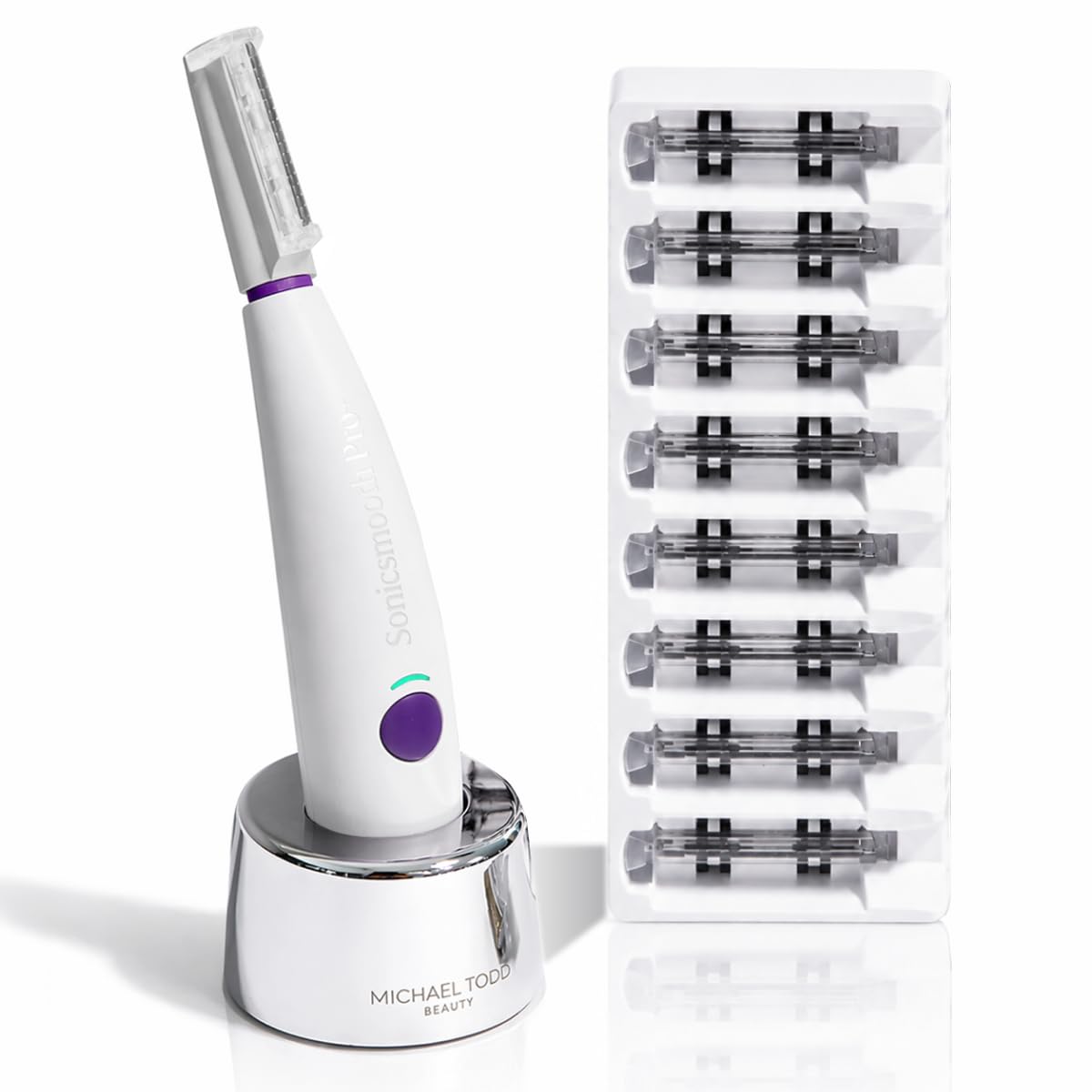 Michael Todd Beauty Sonicsmooth Dermaplane Razor for Women Face + Eyebrow trimmer Dermaplaning System - Peach Fuzz Remover - 8 Weeks of Dermaplaning Blades