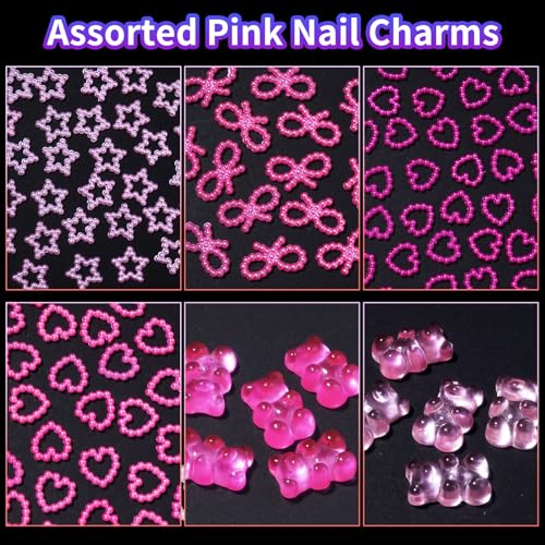 Tatiwoo S3 Pink 3D Pearls & Gems Nail Charms Set for Nails & Art