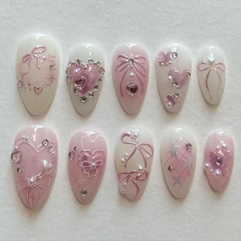 Cat Eye French Tip Press-On Nails - Nude & Pink Short Almond | Reusable Glue-On Nails with Gold Line for Weddings & Parties
