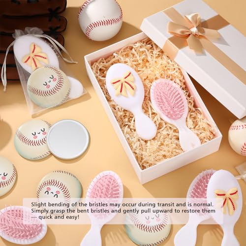 Wonderjune 12 Set Mini Hair Brush & Compact Mirror - Bowtie Baseball