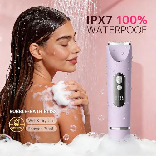 Bikini Trimmer for Women,Smooth Electric Razor for Sensitive Skin, IPX7 Waterproof Wet & Dry Cordless Body Shaver & Grooming Set for Bikini Area, Pubic Hair, Face, Underarms & Legs(Purple)