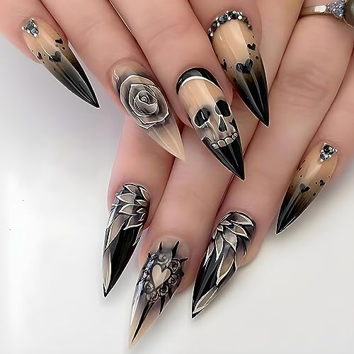 Goth Stiletto Press On Nails with Skull & Black Rose Design - 24 Pieces
