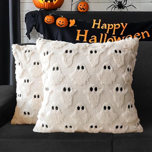 Halloween Ghost Pillow Covers Set of 2 - 18x18 Beige Plush