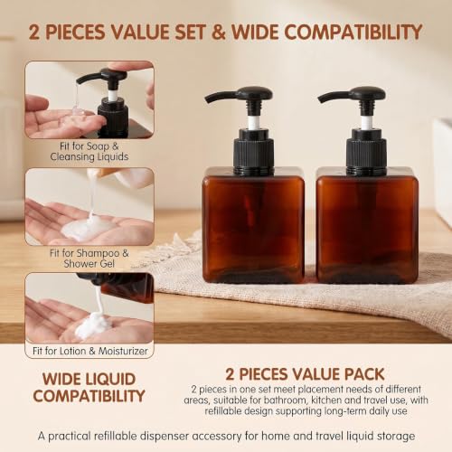 2 Pack 250ml Refillable Plastic Pump Bottles for Liquid Soap & Toiletries