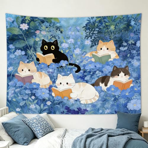 Blue Cat Garden Tapestry - 60x40 Inch Floral Wall Hanging