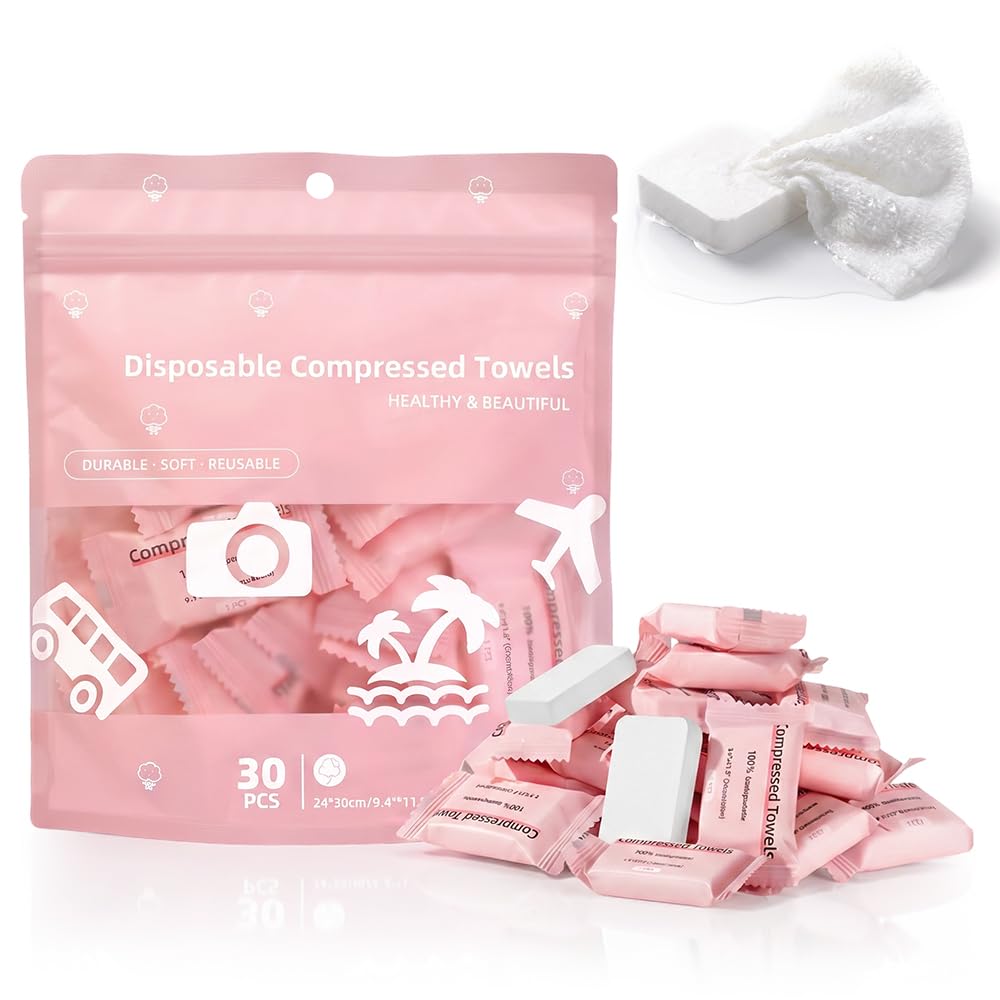 Spwejsr Compressed Towels Tablets, 30/60 Pcs Disposable Cotton Coin Tissue, Portable for Travel Camping Hiking, Soft Large Size Washcloth for Outdoor Sports Beauty Salon (Pink, 1 Set (30 Piece))