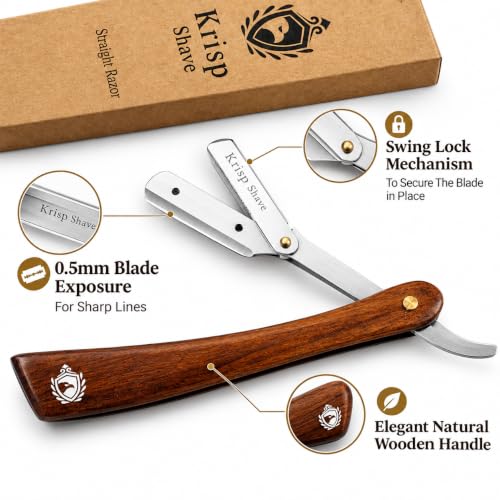 Krisp Shave Safety Straight Razor with Wooden Handle & 5 Double Edge Blades - Men Barber Tool