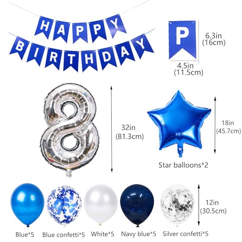Blue 8th Birthday Decorations Set - Banner & Balloons