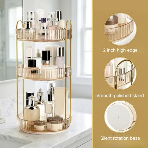Cididu 360° Rotating Makeup Organizer with 3 Tiers, Large Capacity Cosmetic Storage Shelf