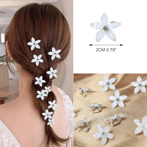 Hayooha White Flower Mini Hair Clips - 20 Pcs Rhinestone Hair Barrettes for Women, Wedding & Bridal Accessories