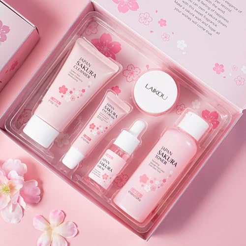 Yasovigi Sakura Skincare Set for Teens & Women - Travel-Friendly 5-Piece Kit with Cleanser, Toner, Serum, Eye & Face Cream