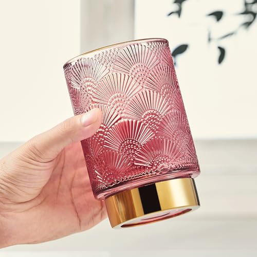 LEICURACE Vintage Glass Makeup Brush Holder - Red Striped Pen Organizer
