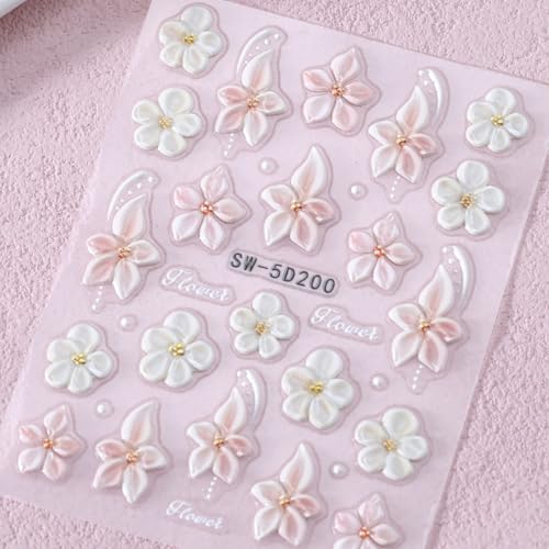 5D Embossed Flower Nail Stickers with Pearl Gems for Nail Art