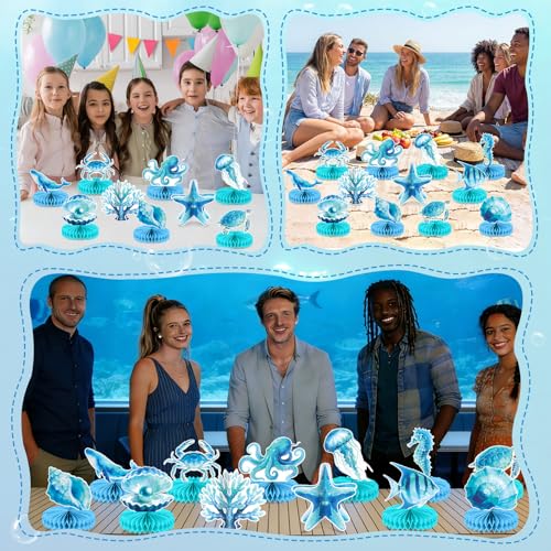 12 Pcs Gradient Blue Under the Sea Honeycomb Centerpieces - Ocean Animal Decor for Parties