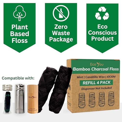 EcoYou Vegan Bamboo Charcoal Dental Floss Refill Pack - Mint, 4 Spools