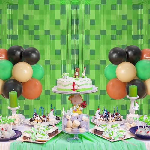 Green Pixel Miner Foil Fringe Curtains - 2 Pack, 3.3x6.6ft for Gamer Party