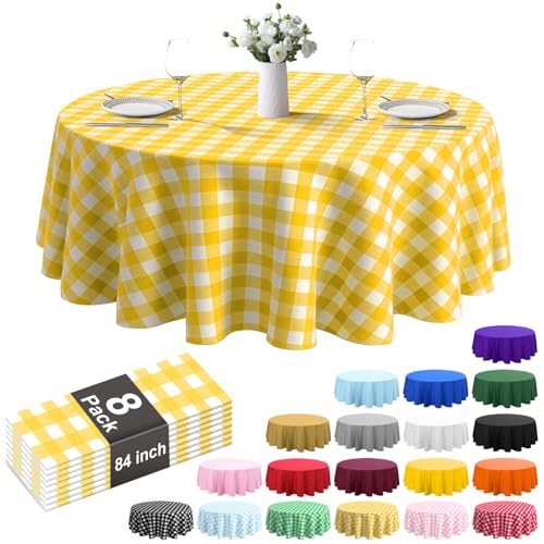84" Disposable Plastic Tablecloths - 8 Pack Yellow Checkered Round Covers for Parties