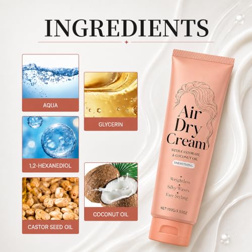 Lumigrace Air Dry Cream with Castor & Coconut Oil - 3.53 Oz | Lightweight, Anti-Frizz Styling for Wavy & Curly Hair
