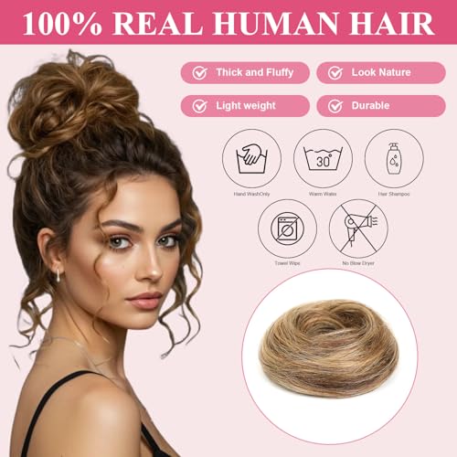 2Pcs Messy Bun Hair Piece - 100% Human Hair, Medium Brown/Dark Blonde #P4-27