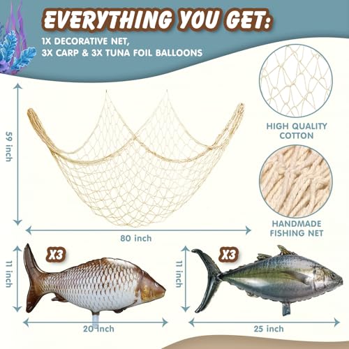 7pc Fishing Balloon Set with Net - Carp & Tuna Foil Balloons