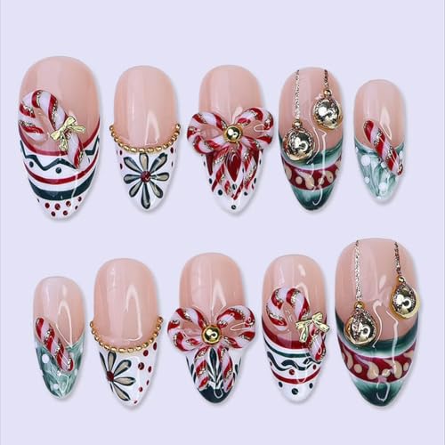 KRTBKR 24Pcs Christmas Press On Nails Medium Almond Fake Nails with 3D Candy Cane Design and Gold Beads