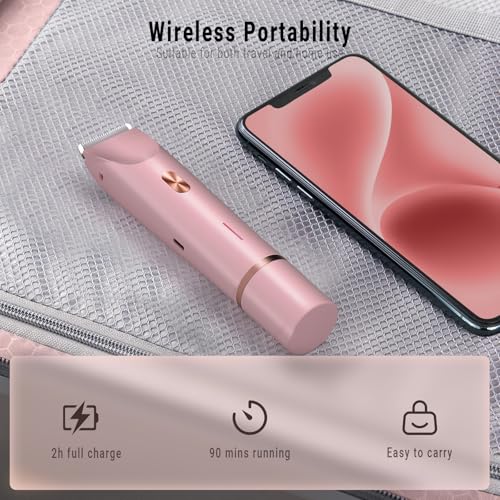 2-in-1 Bikini Trimmer for Women, Bikini Shaver with Dual Heads, Body and Facial Hair Removal, Rechargeable Cordless Electric Razors for Face Chin Pubic Underarm Legs, IPX7 Waterproof, Pink