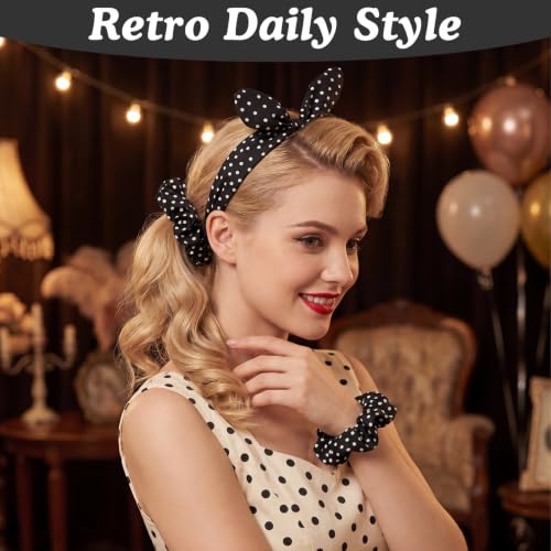 50s Polka Dot Headband & Hair Ties Set for Women - Retro Bow Pack of 3