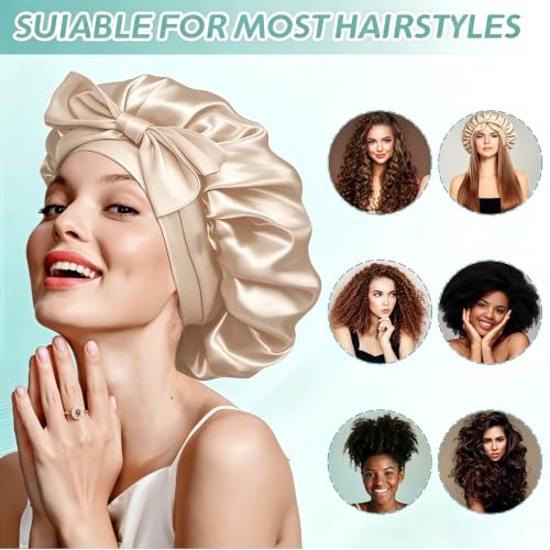 VECIIR Large Beige Silk Sleep Bonnet for Women with Adjustable Tie, Curly & Natural Hair Protection