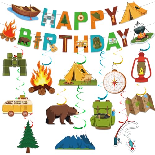 25-Piece Camping Birthday Party Decorations Set with Banner & Swirls