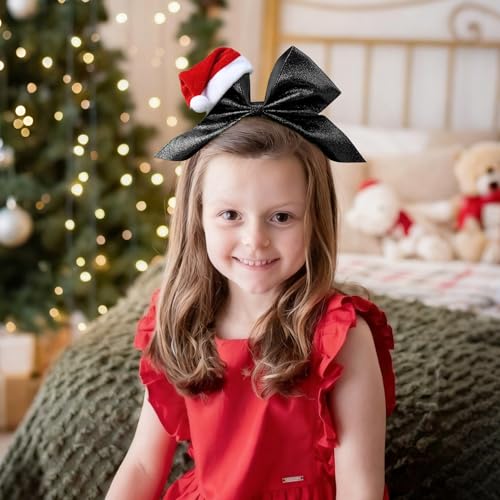 DEEKA Black Glitter Santa Hat Cheer Bow 7" Holiday Hair Accessory for Girls Women