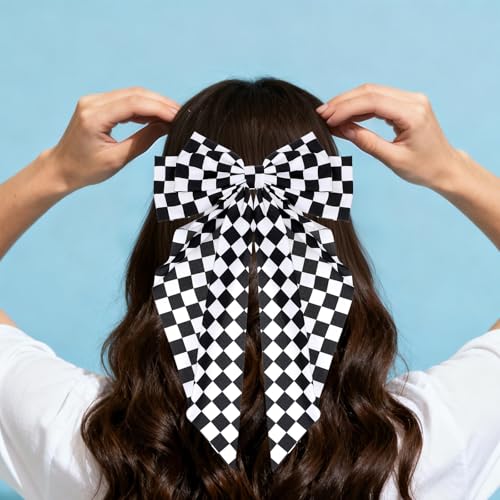 Checkered Bow Clips for Women - Black and White Racing Hair Accessory