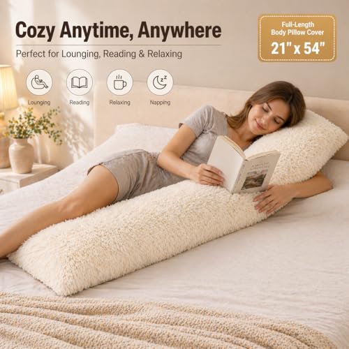 Reafort Luxury Faux Fur Body Pillow Cover 21x54in - Cream