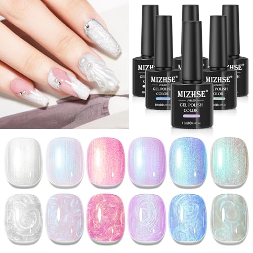 MIZHSE Pearl Gel Nail Polish Set - 6 Iridescent Mermaid Colors with Shell Thread Effect