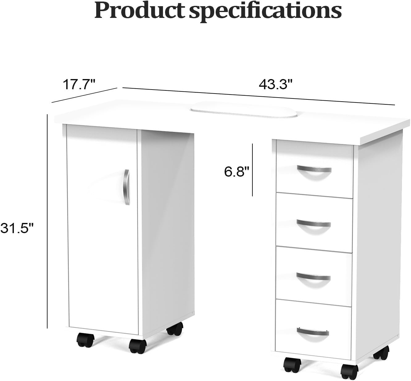 Manicure Table - Professional Nail Desk with Cabinet, Drawers & Wheels | White Spa Salon Workstation