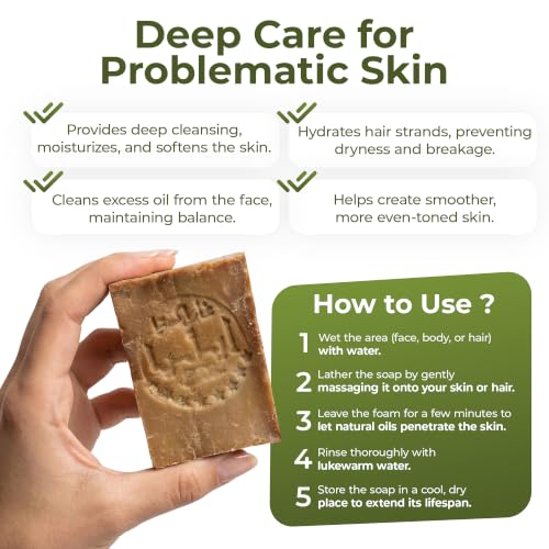 JUSIZA 40% Laurel Aleppo Soap - Handmade Natural Vegan Bar for Sensitive Skin, Face & Hair - 6.5 oz (1 Pack)