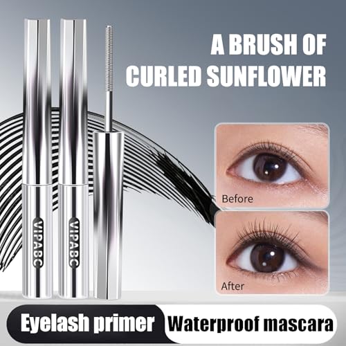 Bekoeen 2Pcs Brown Black Waterproof Telescopic Mascara & Eyelash Primer for Volume & Curl