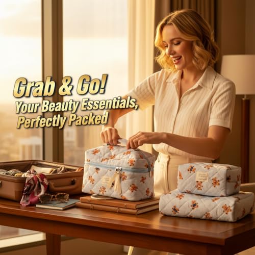 Pink Women Adorable Quilted Cosmetic Bag Set - 3-Piece Travel Makeup Organizer with Zipper