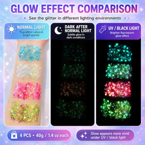 4 PCS Large Content Glow Face Body Glitter Gel, UV Black Light Neon