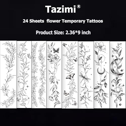 Tazimi 24 Sheets Black Flower Temporary Tattoos for Women & Girls