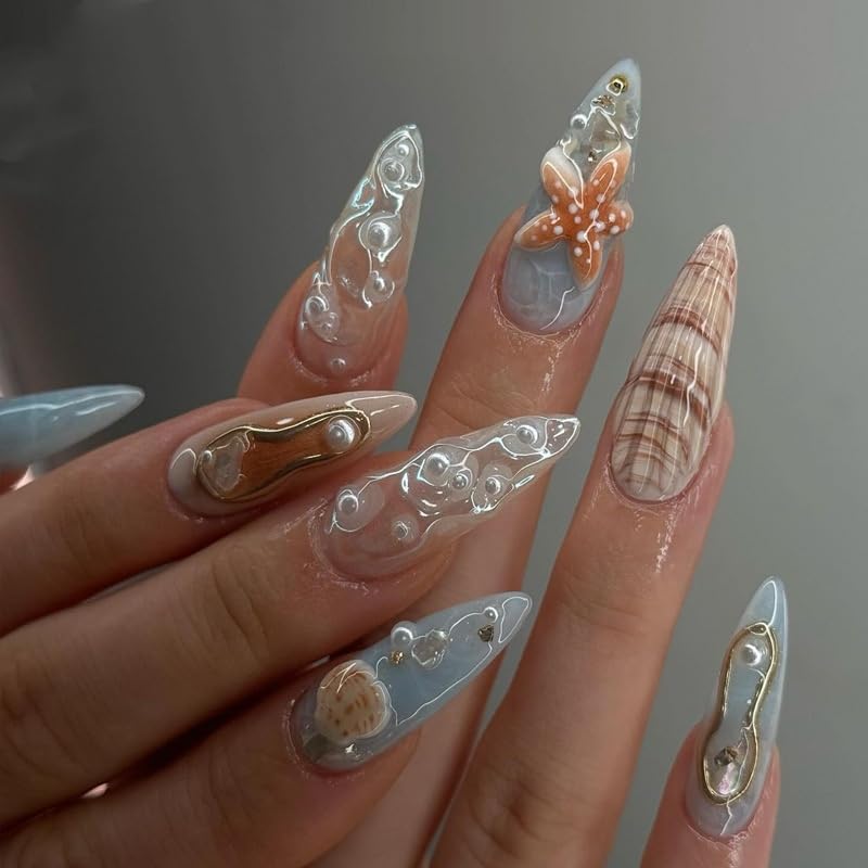 24pcs Almond Shape 3D Seashell Press on Nails - Summer Beach Design