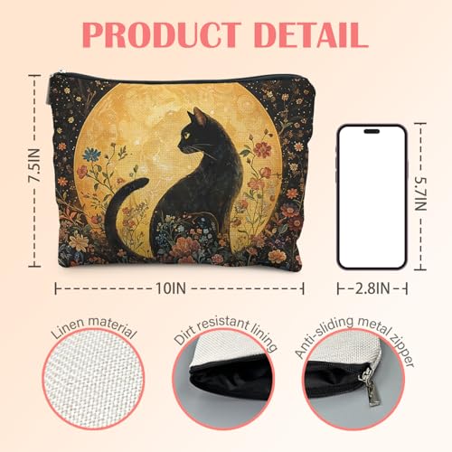 Witchy Cat Makeup Bag for Women - Black Linen Cosmetic Pouch for Travel