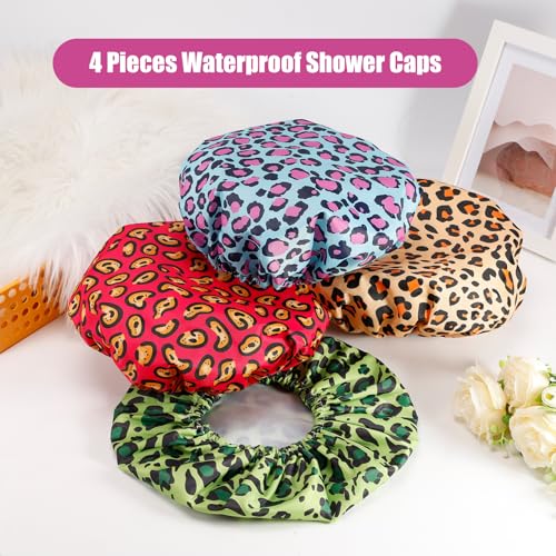 Leopard Print Shower Caps for Women - 4 PCS Waterproof Set