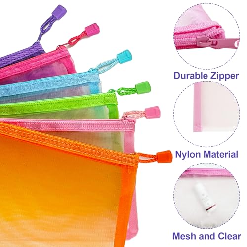 6 Pack Nylon Mesh Zipper Makeup Pouches - Travel Organizer Bags