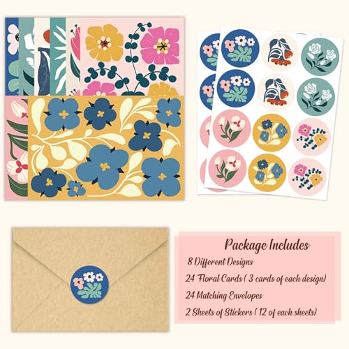 24 Pack Floral Greeting Cards with Envelopes - 8 Elegant Designs